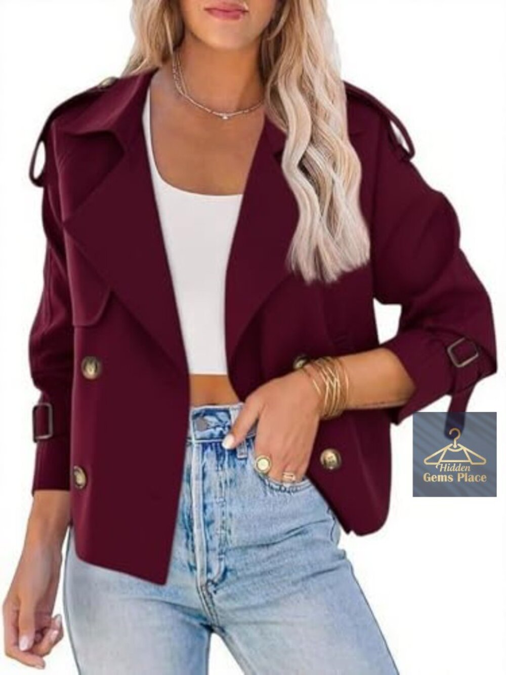 Cropped Trench Coat Double-Breasted Short Jacket Notch Lapel Long Sleeve